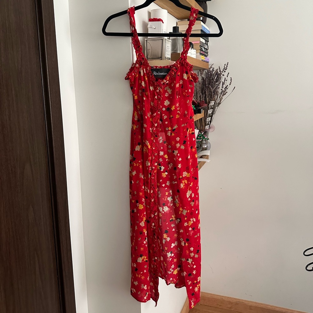 Realisation Par Red Floral Ruffle Strap Midi Dress - Picture 5 of 8